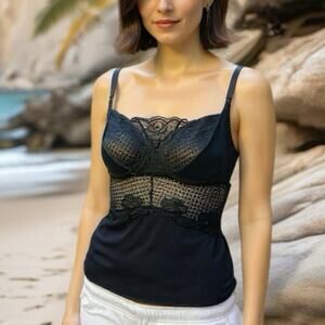 VTG Toning Top Women 36B Cami Shape Wear Black Lace Goth Grunge Adjustable Strap